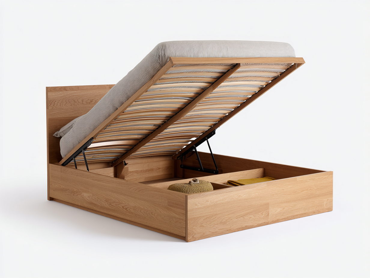 Double Beds Wooden Storage Bed Frame with Lift Up Base 200x150x95 cm - Natural Wood - Modern Design-Nestupio