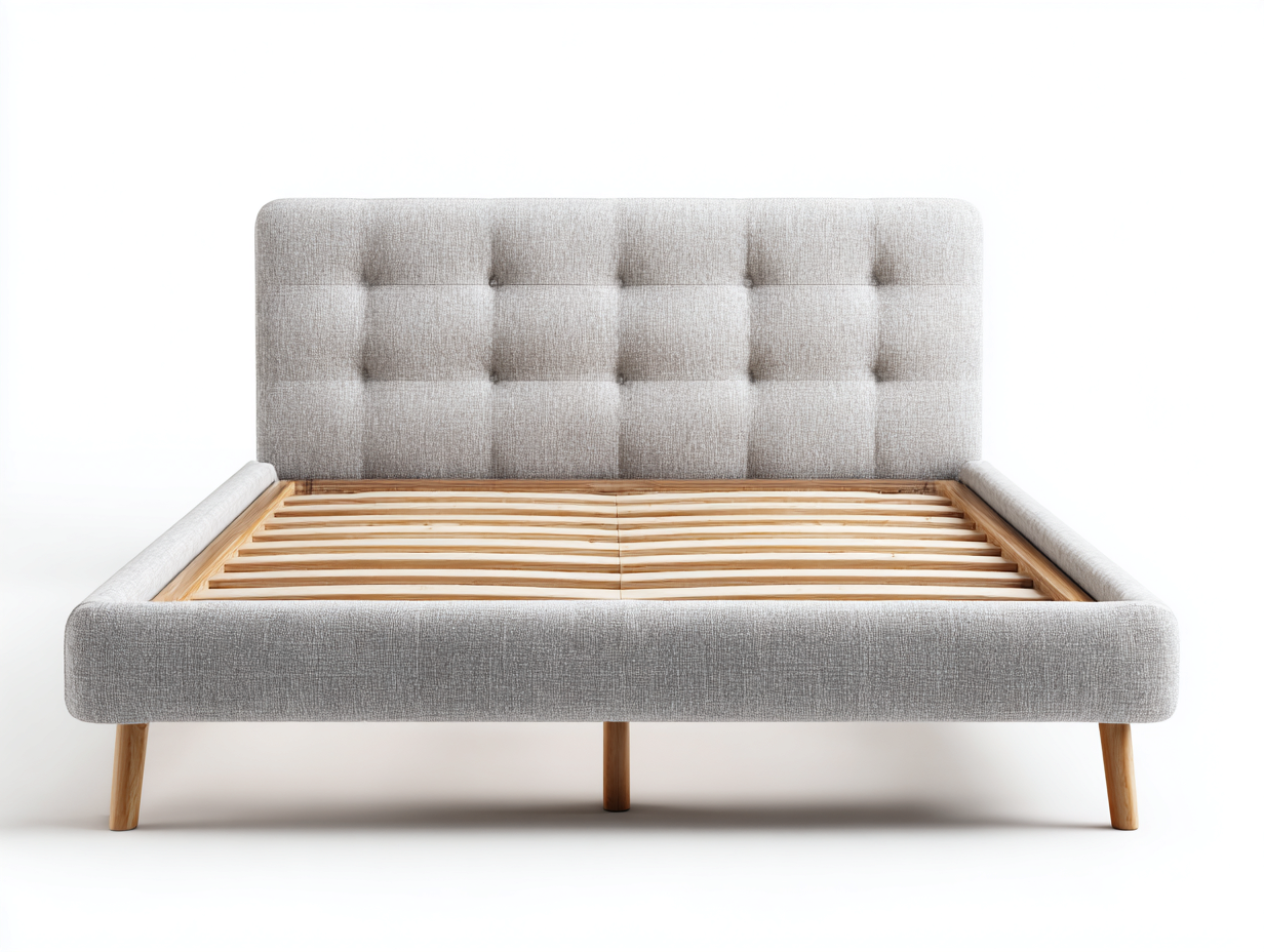 Double Beds Upholstered Fabric Bed Frame 200x150x110 cm - Light Grey-Natural Wood - Modern Design-Nestupio