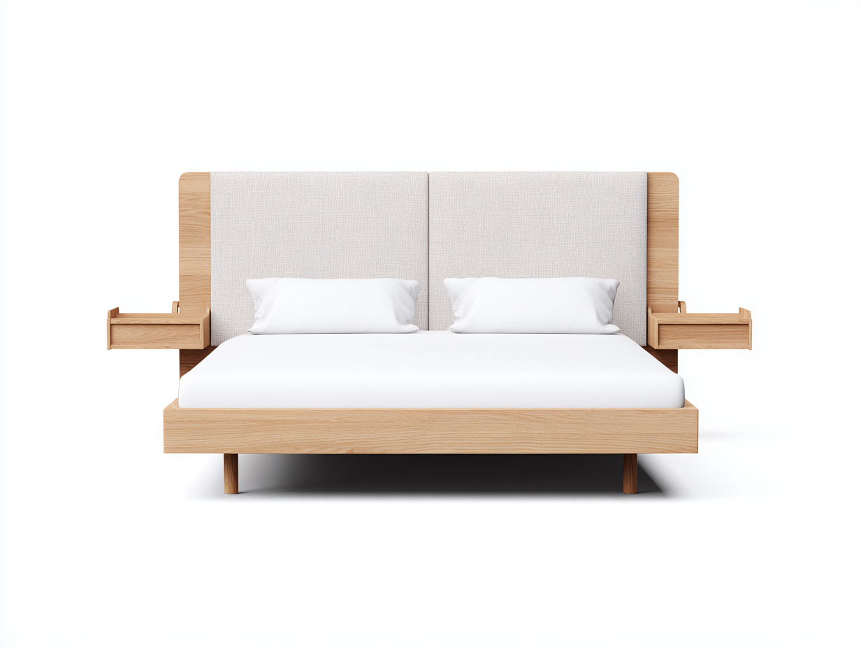 Double Beds solid wood frame with upholstered headboard and side shelves 200x160x95 cm - beige-natural wood - modern design-Nestupio
