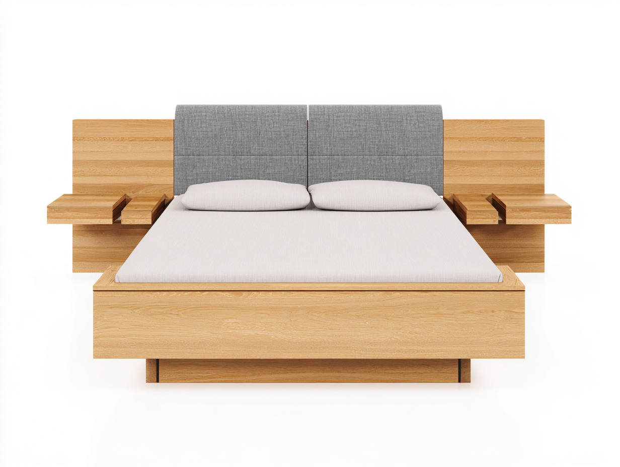 Double Beds Wooden Bed Frame with Upholstered Headboard and Integrated Shelves 200x150x100 cm - Light Grey-Natural Wood - Modern Design-Nestupio