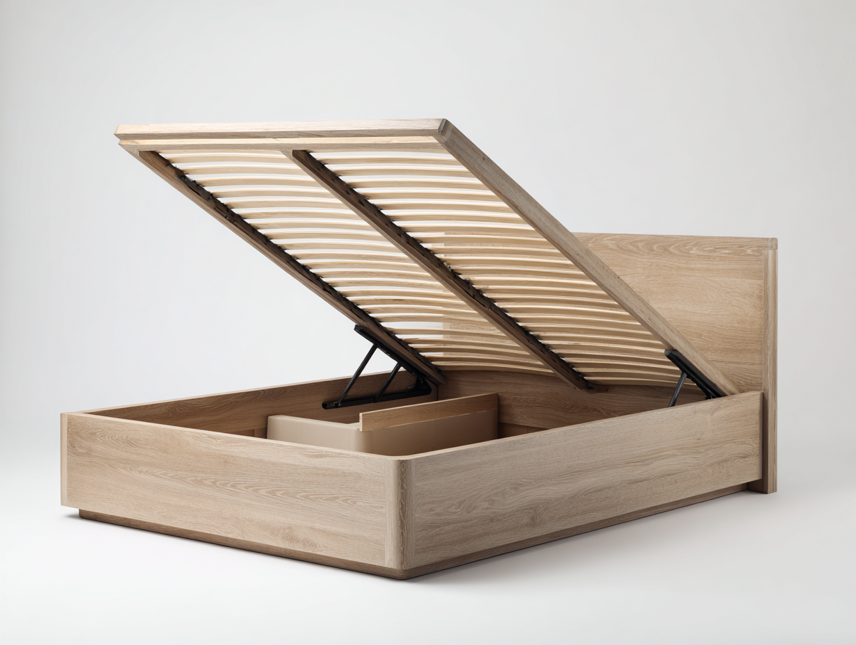Double Bed wooden storage frame 210x160x90 cm - natural wood - lift-up bedroom design-Nestupio