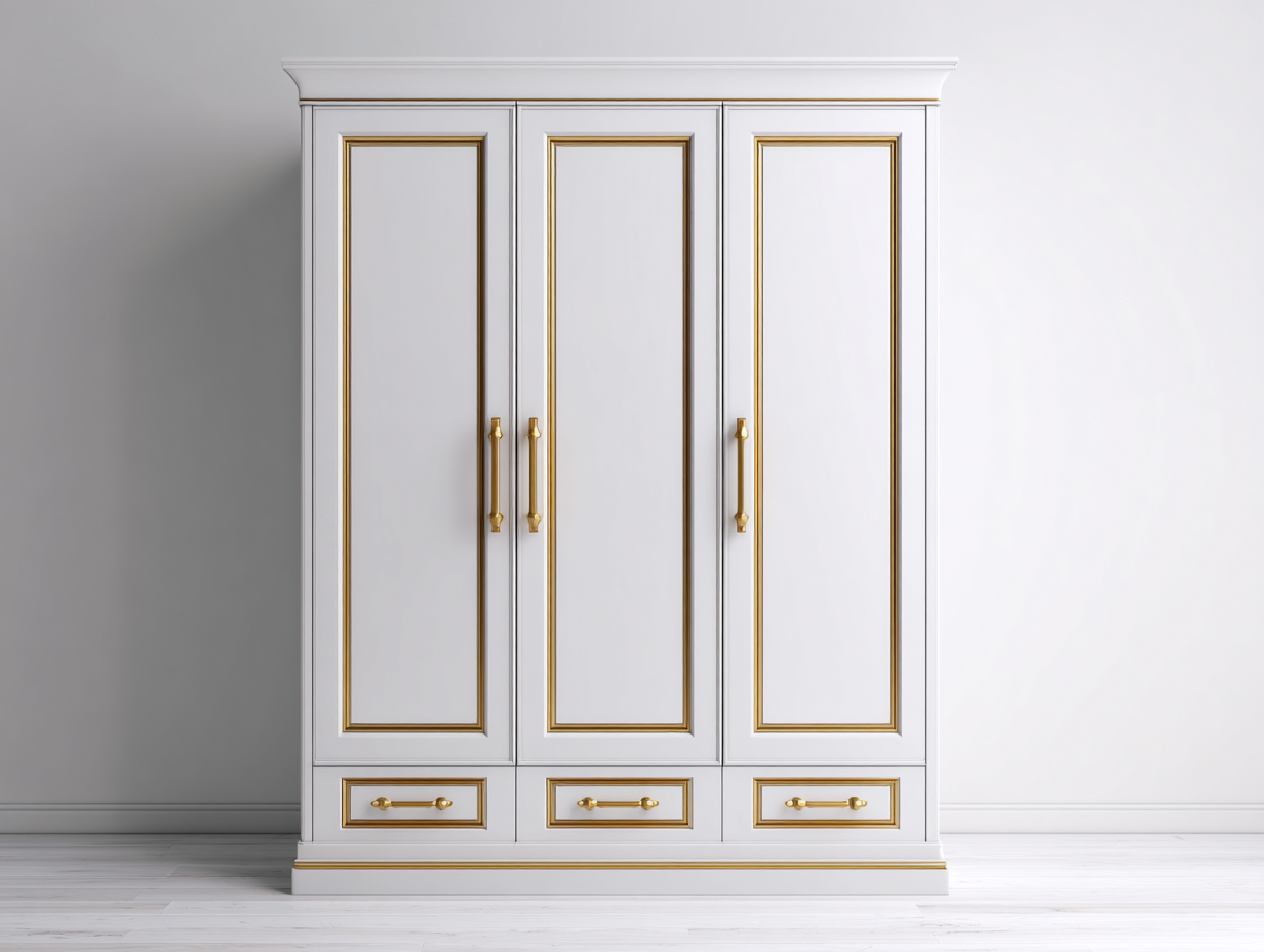 3 Door Wardrobes painted wood cabinet with drawers 155x60x205 cm - white-gold - classic bedroom storage design-Luxegopad
