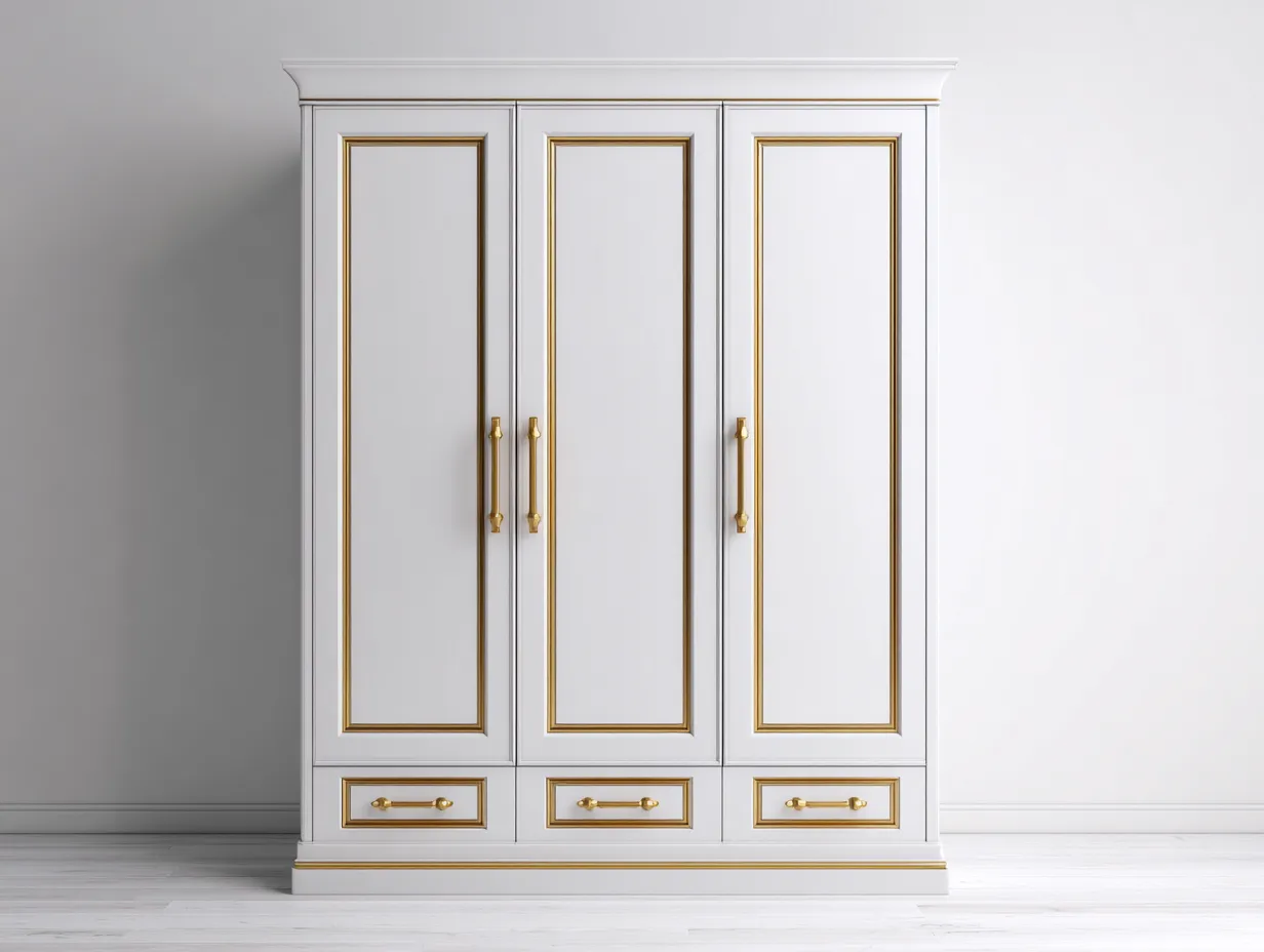 3 Door Wardrobes painted wood cabinet with drawers 155x60x205 cm - white-gold - classic bedroom storage design-Luxegopad