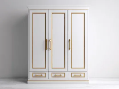 3 Door Wardrobes painted wood cabinet with drawers 155x60x205 cm - white-gold - classic bedroom storage design-Luxegopad