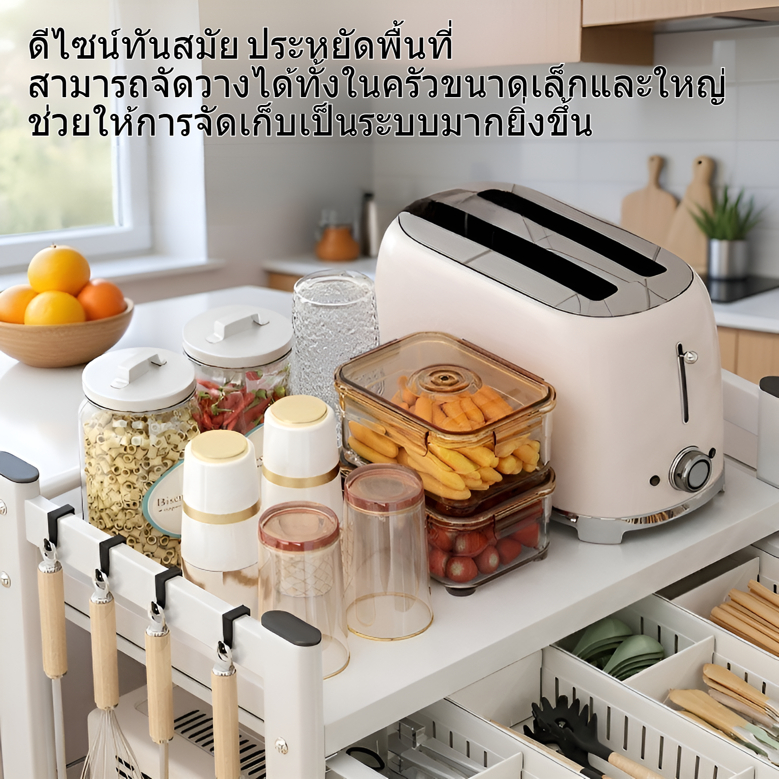 ชั้นวางของแบบหลายชั้นสำหรับวางบนเคาน์เตอร์ครัวพร้อมลิ้นชัก