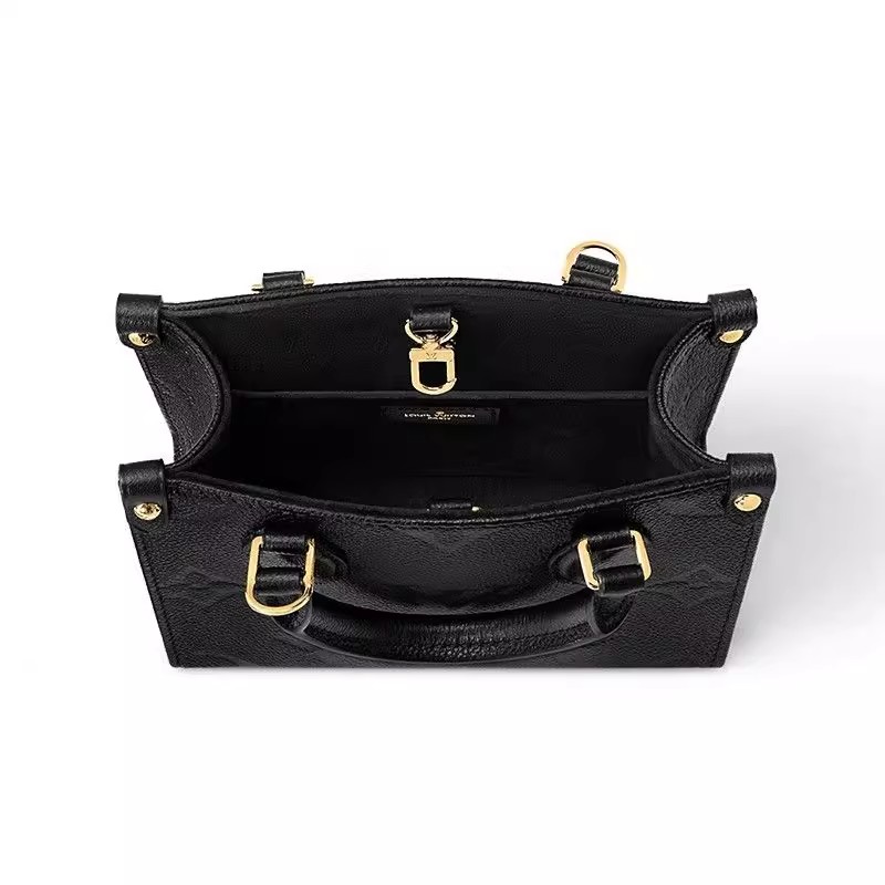 LV/ルイ・ヴィトン24新作 レディースブラックカーフレザーエンボス加工取り外し可能ショルダーストラップ付きハンドバッグ