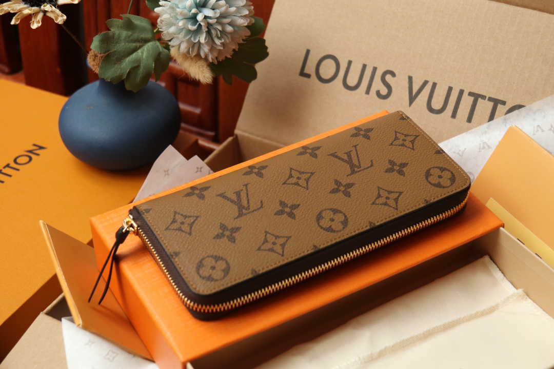LOUIS VUITTON ジッピー・ウォレット モノグラムリバース カーキ × ブラウン ラウンドファスナー ロングウォレット