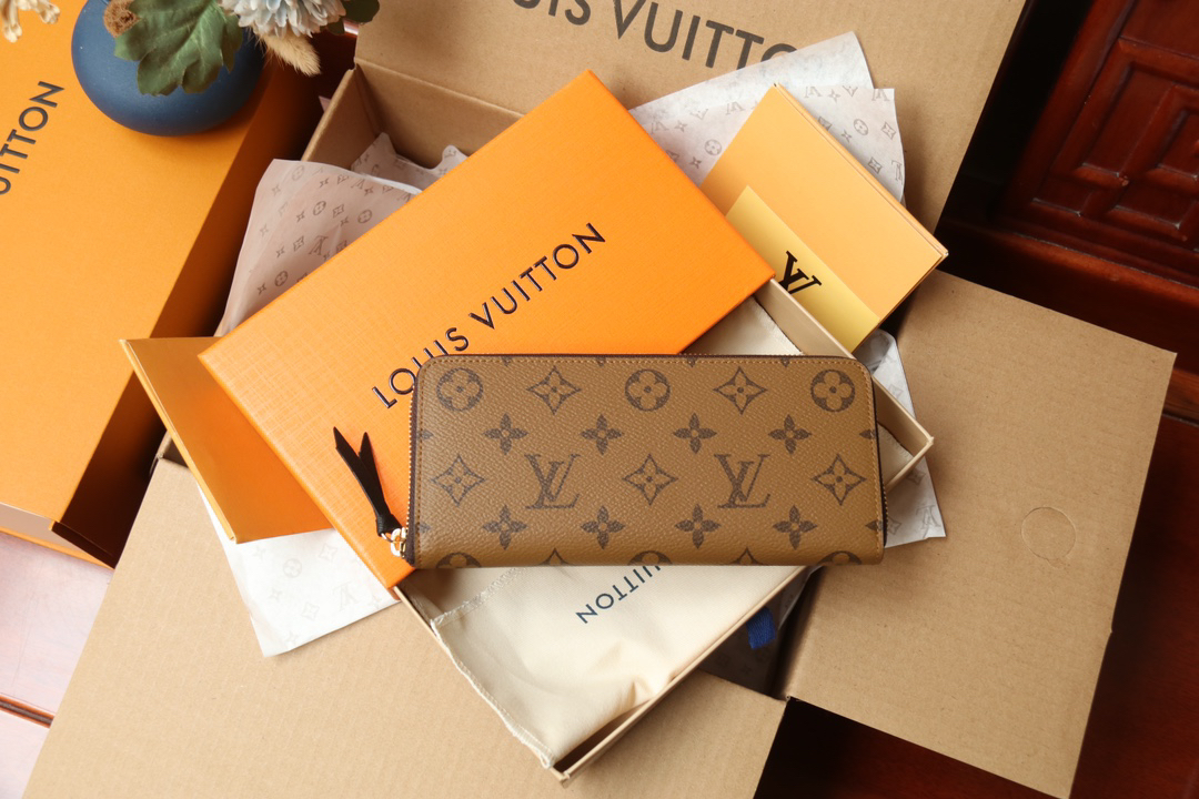 LOUIS VUITTON ジッピー・ウォレット モノグラムリバース カーキ × ブラウン ラウンドファスナー ロングウォレット
