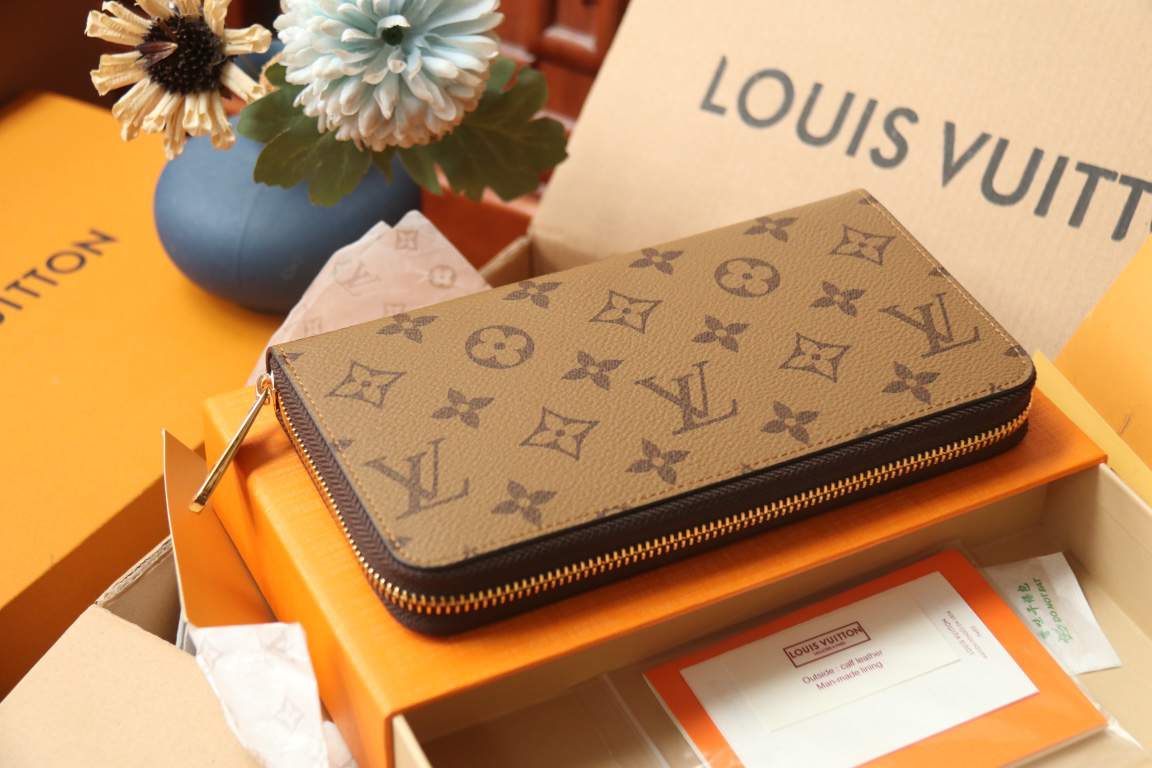 LOUIS VUITTON ジッピー・ウォレット モノグラムリバース カーキ × ブラウン ラウンドファスナー ロングウォレット