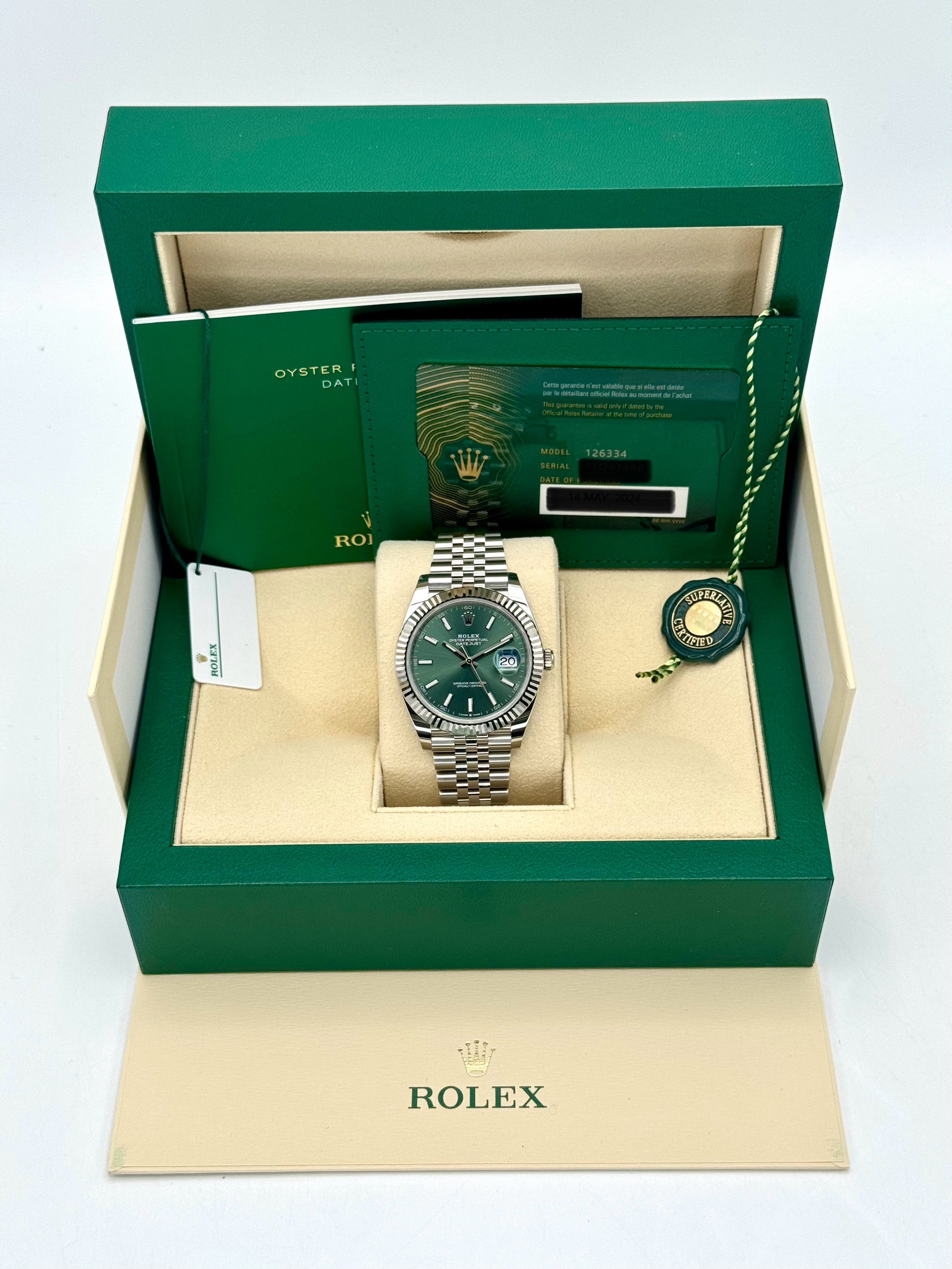 NEW 2024ロレックスデイトジャスト41ミリメートル126334ステンレススチールジュビリーグリーンダイヤル