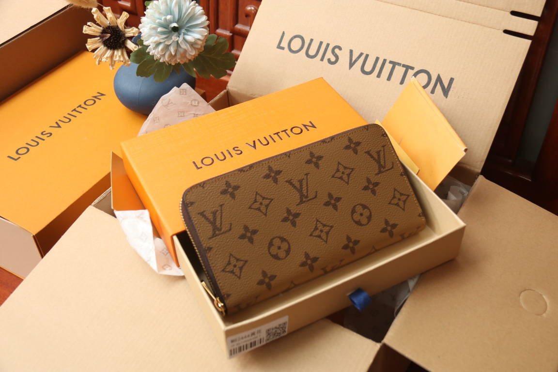 LOUIS VUITTON ジッピー・ウォレット モノグラムリバース カーキ × ブラウン ラウンドファスナー ロングウォレット