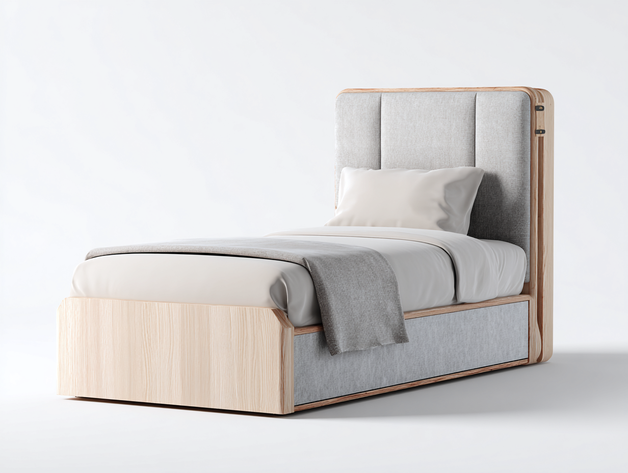 Single Beds - upholstered fabric and solid wood frame 190x90x110 cm - light grey-natural wood - modern minimalist design-Sofauphut