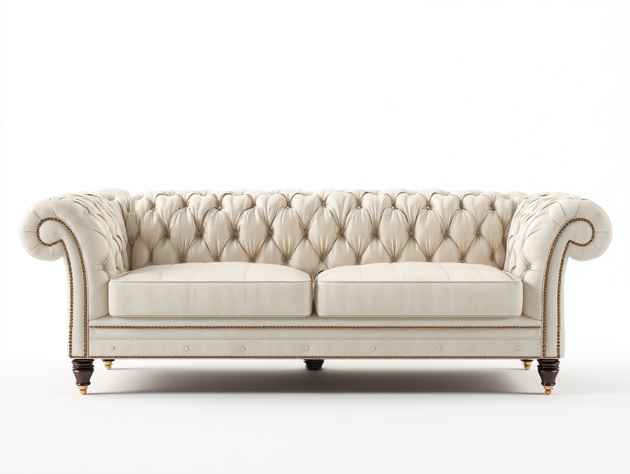 2 Seater Sofa Upholstered Fabric Button Tufted Solid Wood Legs 205x90x75 cm - Cream - Classic Chesterfield Design-Sofauphut