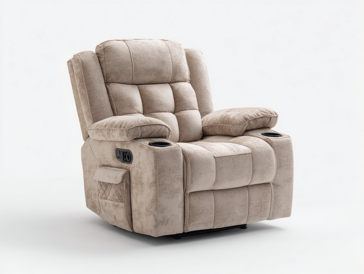 Recliner Chair Upholstered Fabric Manual Recline Cup Holders Padded Armrests 105x100x110 cm - Beige - Home Theatre Comfort Design-Dengethub