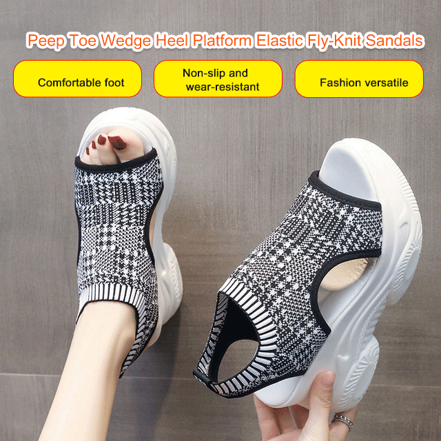 Peep Toe Wedge Heel Platform Elastic Fly-Knit Sandals