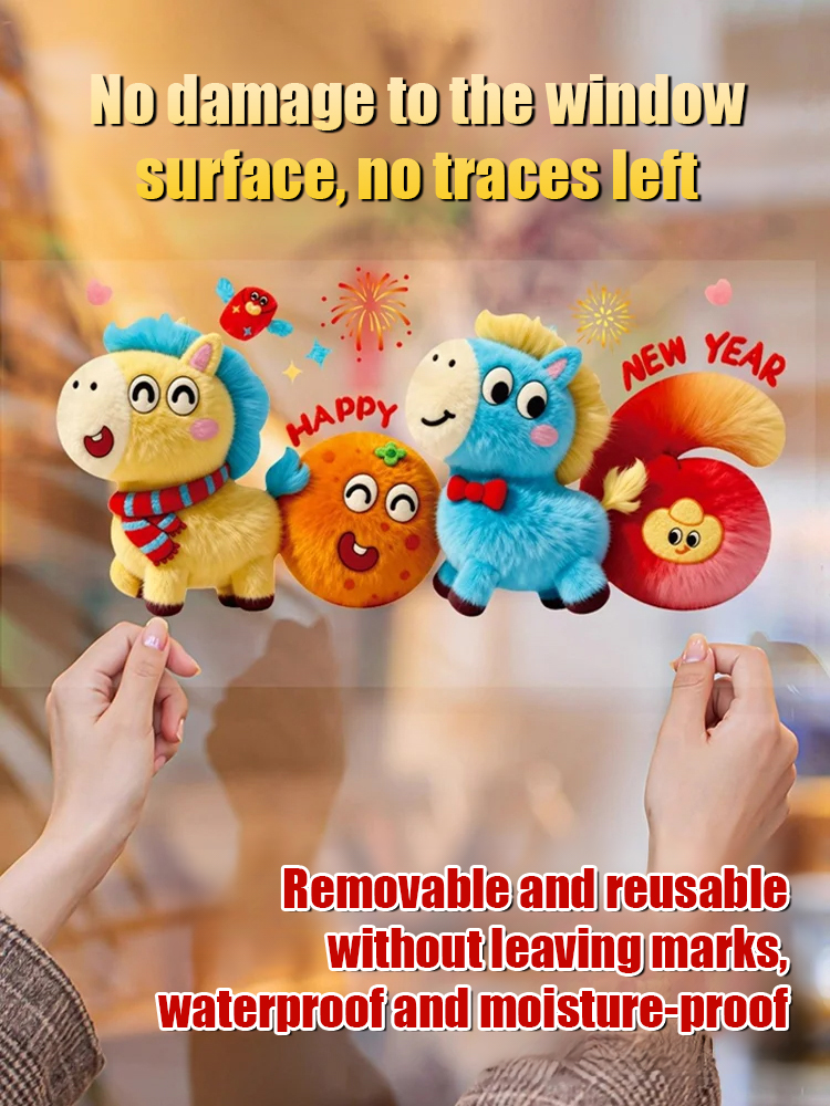 2026 New Year Glass Stickers Cartoon Plush Cute Door and Window Stickers