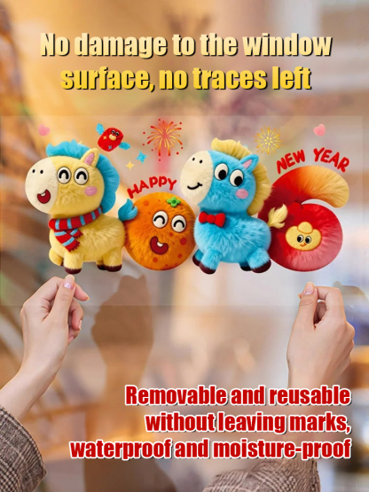 2026 New Year Glass Stickers Cartoon Plush Cute Door and Window Stickers
