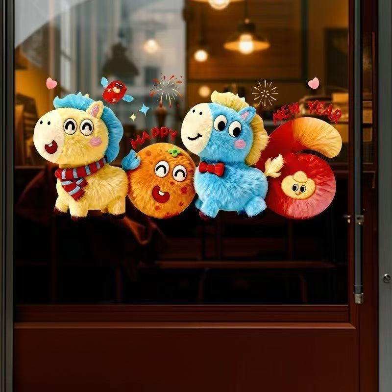 2026 New Year Glass Stickers Cartoon Plush Cute Door and Window Stickers