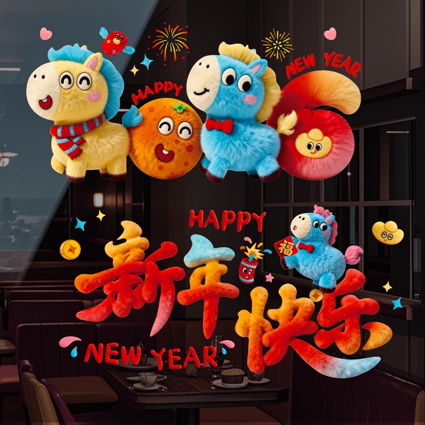 2026 New Year Glass Stickers Cartoon Plush Cute Door and Window Stickers