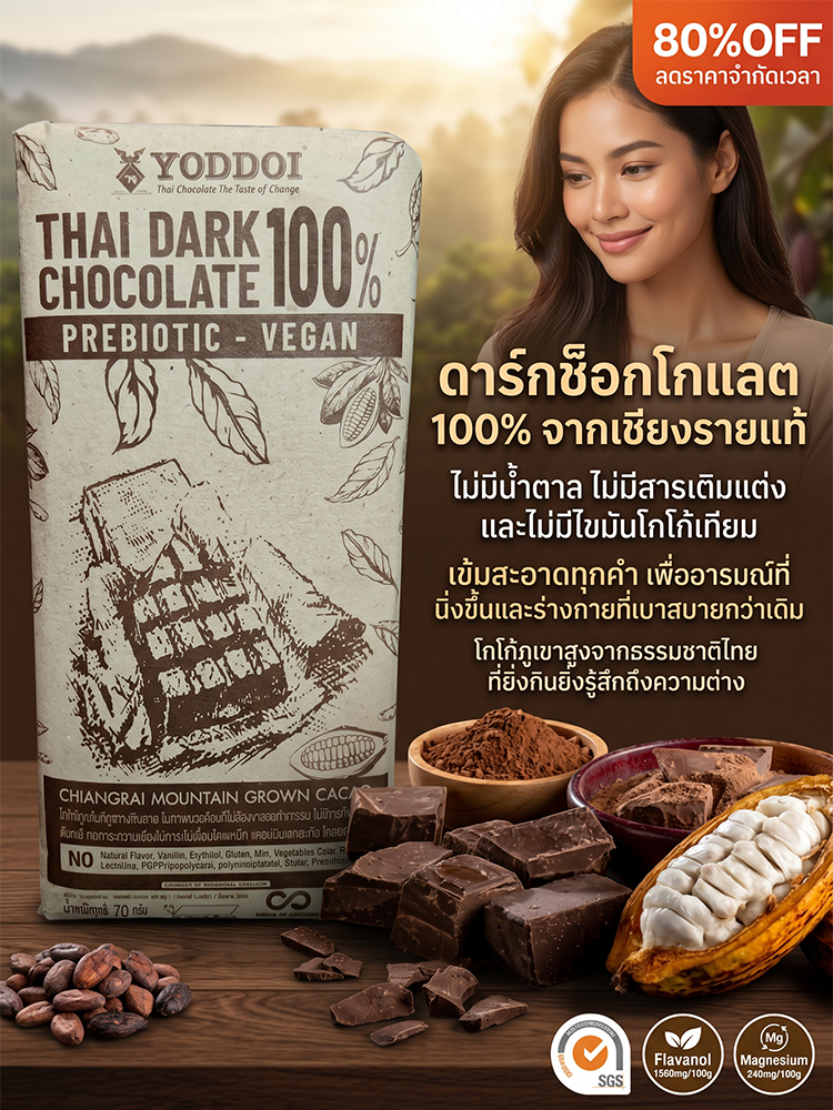 【0 น้ำตาล 0 ภาระ】 ช็อกโกแลตดำบริสุทธิ์ 100% จากเชียงราย