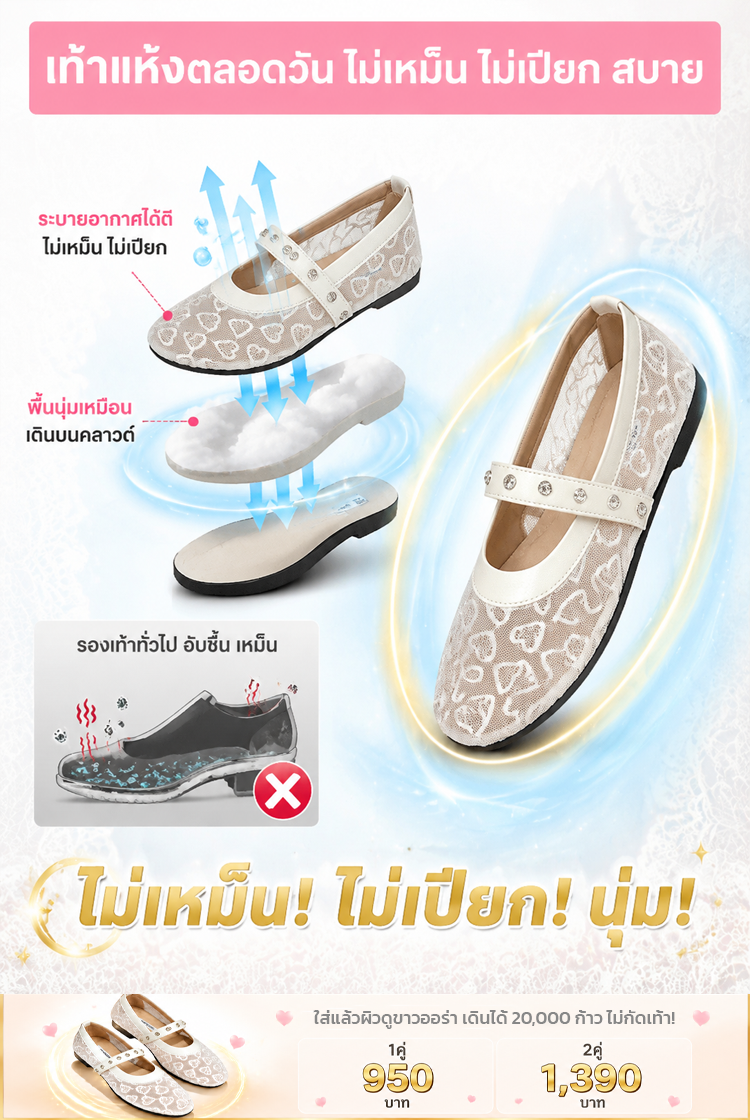 【ใส่แล้วผิวดูขาวออร่า】 รองเท้าแมรี่เจนลูกไม้ลายหัวใจ สวยสะกดใจ
