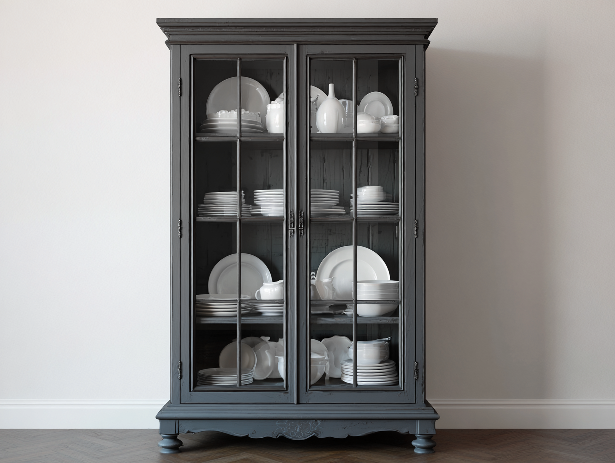 Display Cabinet glass door storage cabinet with classic wood frame 90x45x200 cm - Dark grey - Living room display furniture-Havengethaus