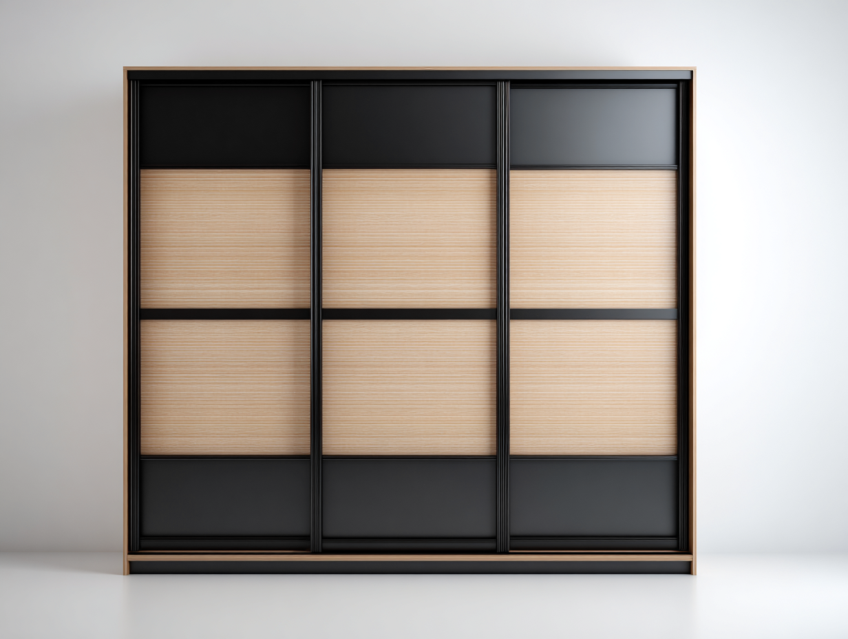 Wardrobes sliding door wardrobe with wood-effect panels 240x60x220 cm - Black-Natural wood - Modern bedroom storage-Havengethaus