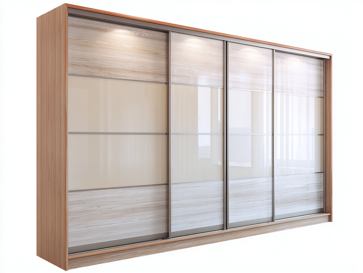 Wardrobe Sliding Door Wooden Frame Glass Panel 240x65x210 cm - Natural-Beige - Modern Bedroom Storage Design-Havengethaus