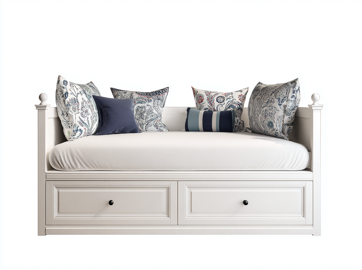 Sofa Bed upholstered fabric sofa bed with storage drawers 200x90x85 cm - White Blue - Classic living room design-Havengethaus