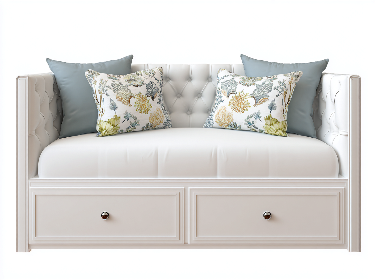 Sofa Bed upholstered fabric sofa bed with storage drawers 200x90x85 cm - Cream White - Classic living room design-Havengethaus