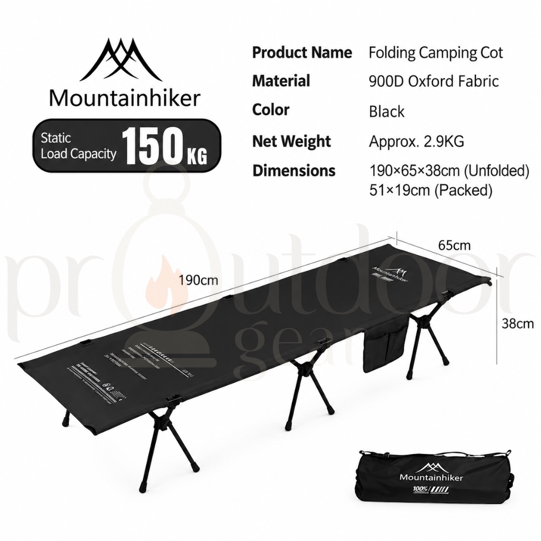 MOUNTAINHIKER SZK290 Folding Camping Cot 150KG Heavy Duty Portable Outdoor Bed Adjustable Height