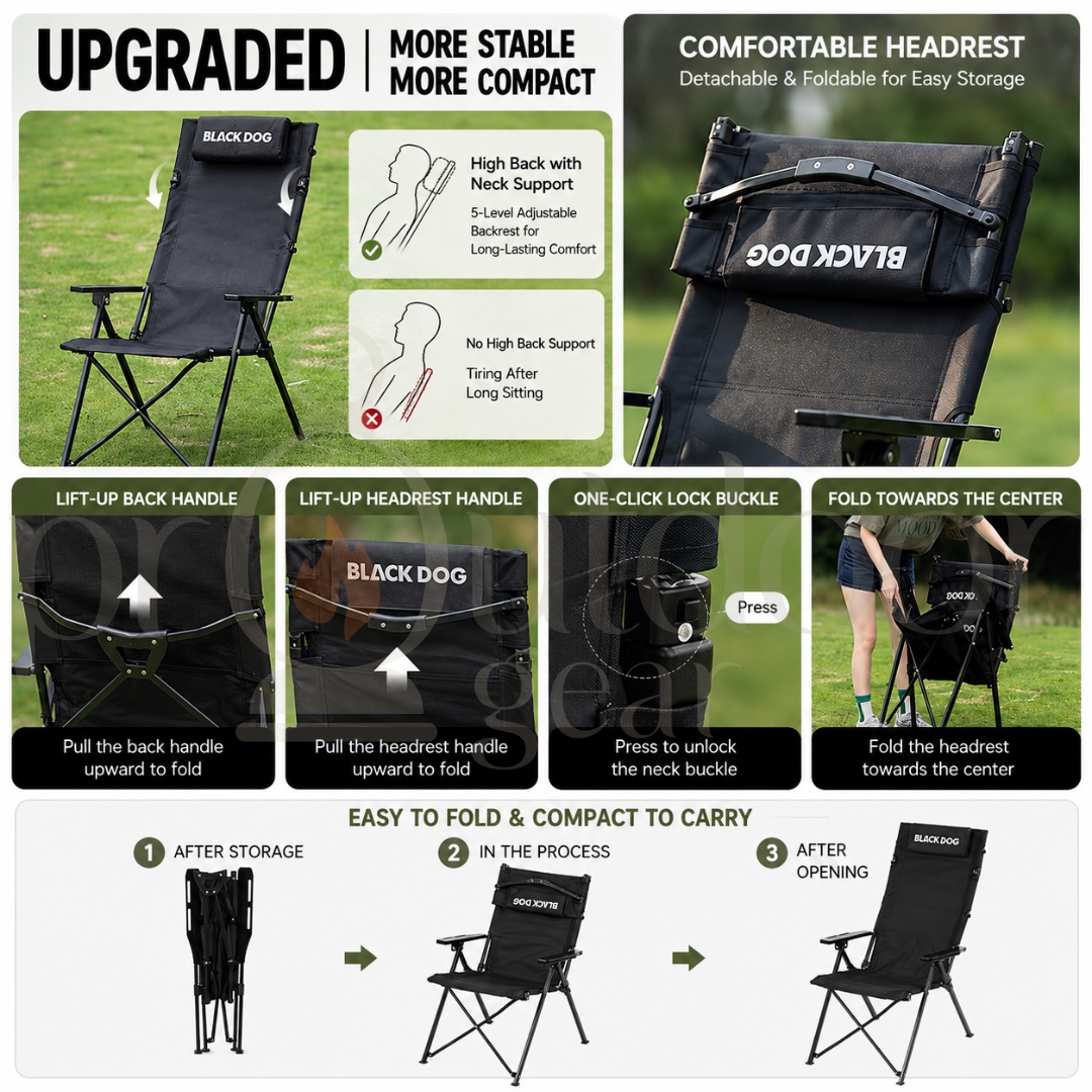 BLACKDOG CBD2650JJ016 Wangchuan M1 High Back Folding Camping Chair Adjustable Reclining Chair Portable Outdoor