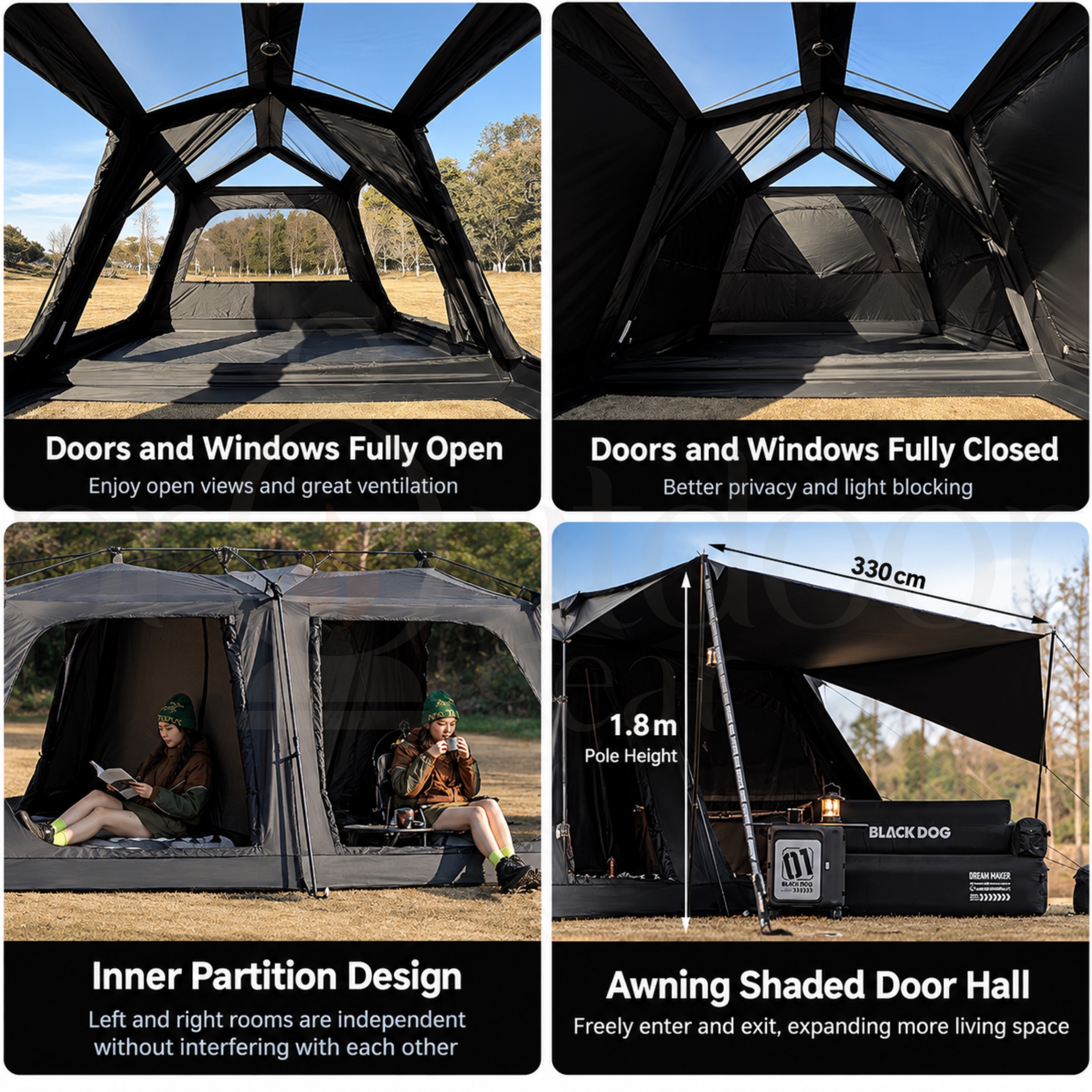 BLACKDOG STAR 13X CBD2550WS074 Auto Tent | 33m² Black Coating Camping Tent | 2 Rooms 1 Living Room