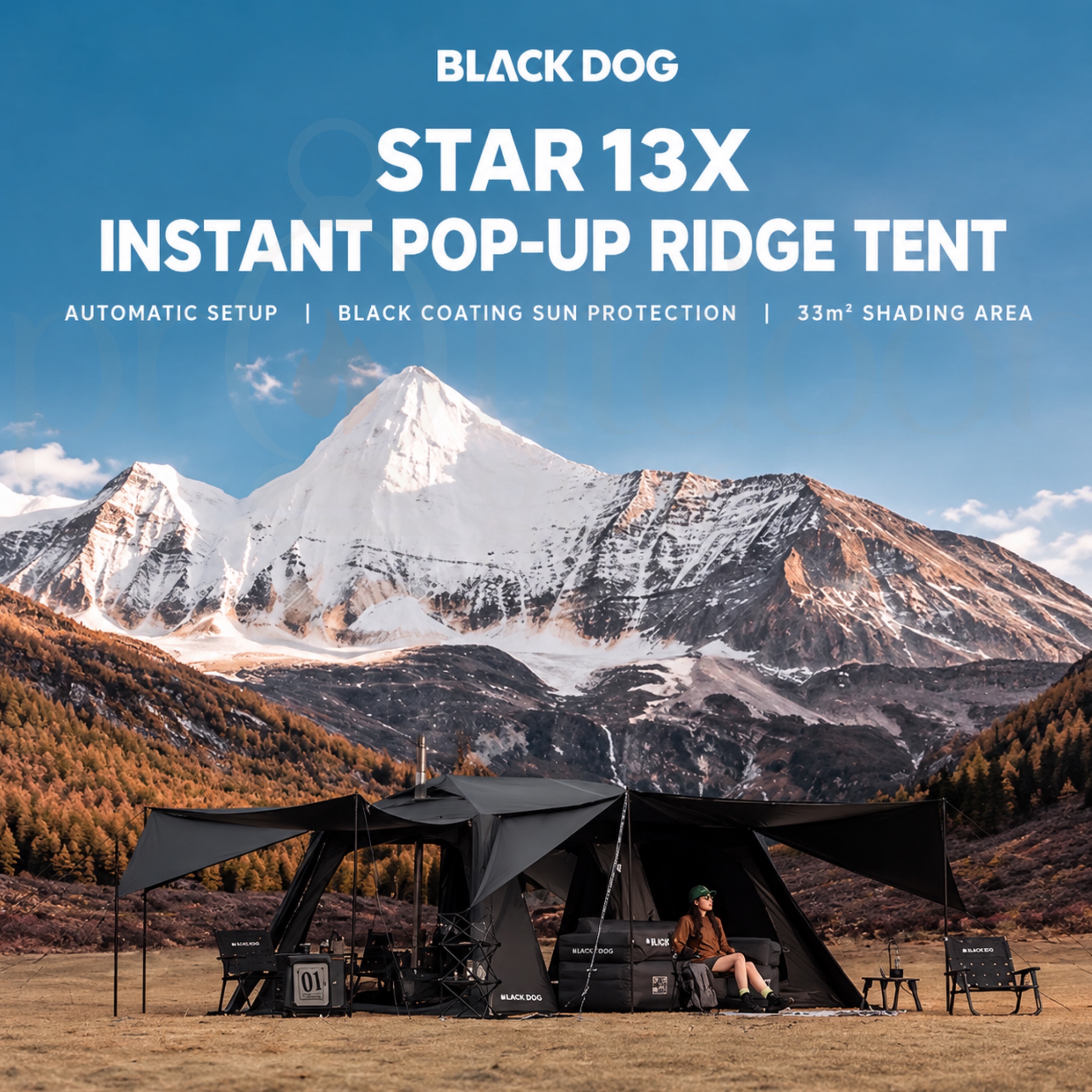 BLACKDOG STAR 13X CBD2550WS074 Auto Tent | 33m² Black Coating Camping Tent | 2 Rooms 1 Living Room