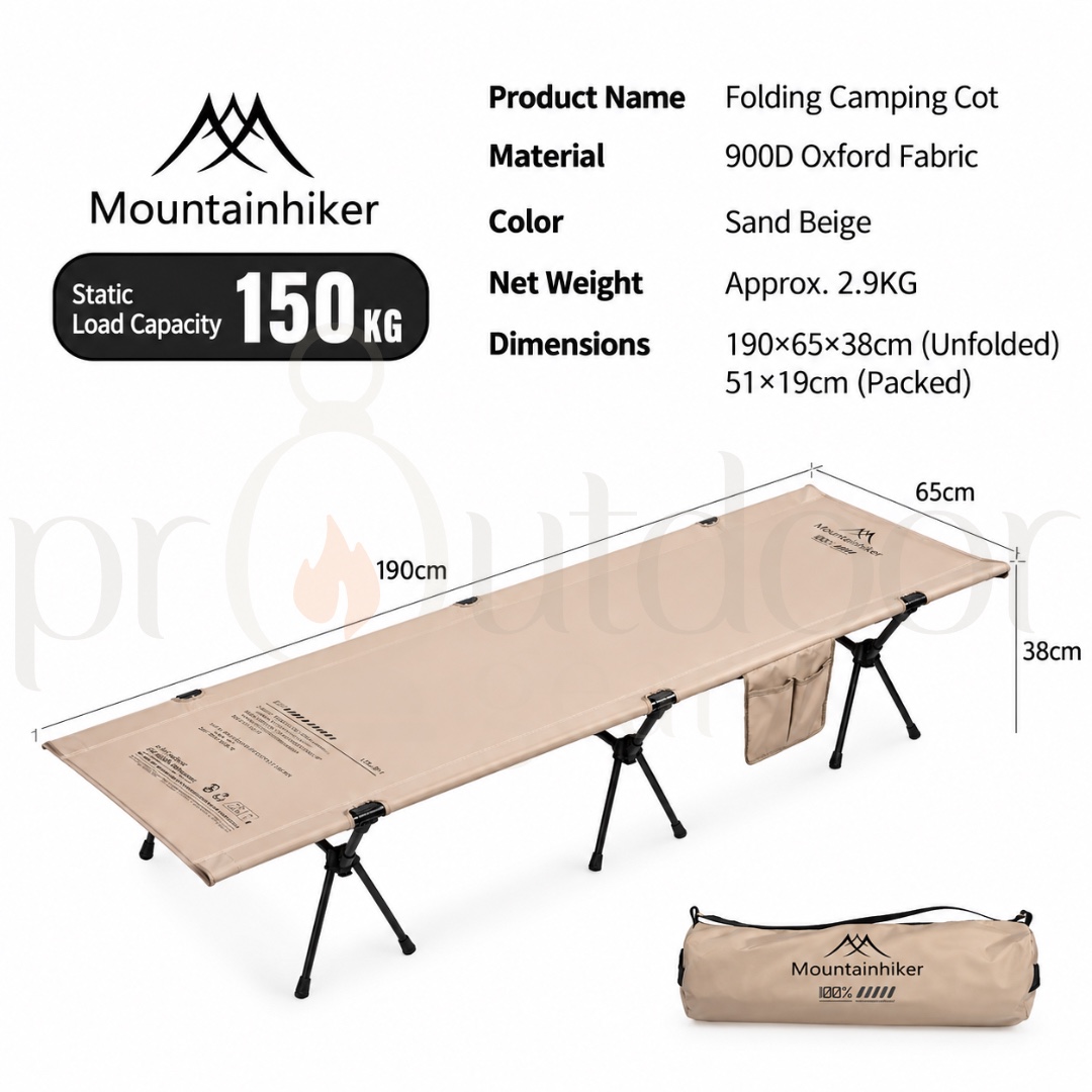 MOUNTAINHIKER SZK290 Folding Camping Cot 150KG Heavy Duty Portable Outdoor Bed Adjustable Height