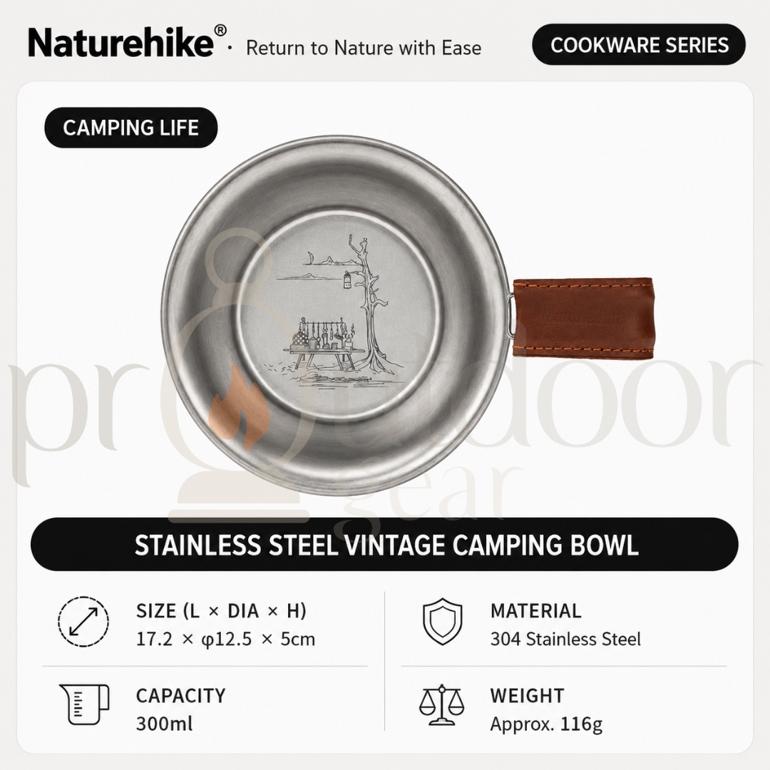 NATUREHIKE NH21CJ002 Stainless Steel Vintage Camping Bowl 300ml 304 Stainless Steel Leather Handle Outdoor Camping