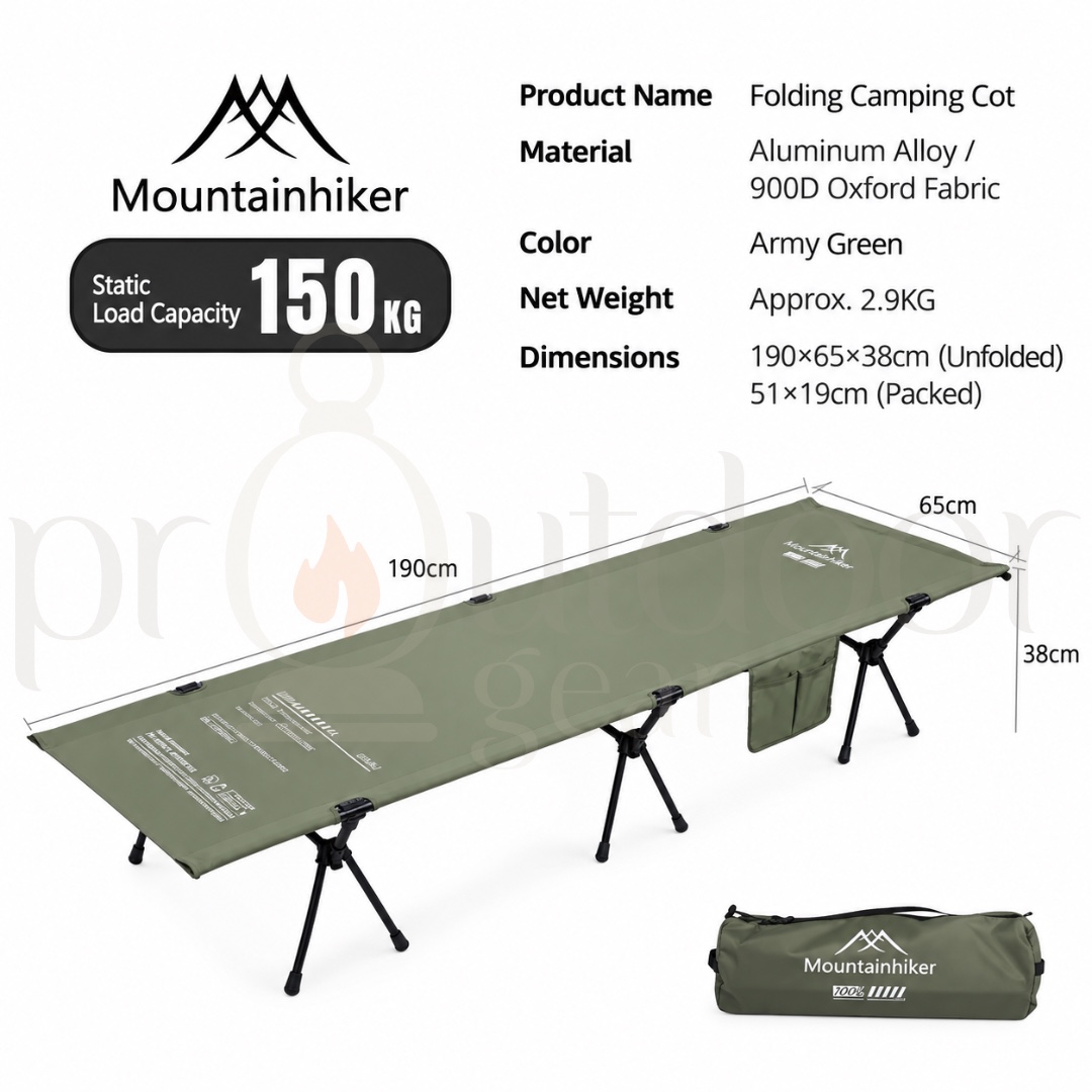 MOUNTAINHIKER SZK290 Folding Camping Cot 150KG Heavy Duty Portable Outdoor Bed Adjustable Height
