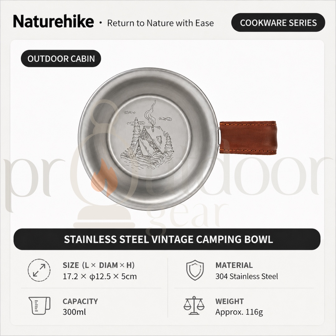 NATUREHIKE NH21CJ002 Stainless Steel Vintage Camping Bowl 300ml 304 Stainless Steel Leather Handle Outdoor Camping