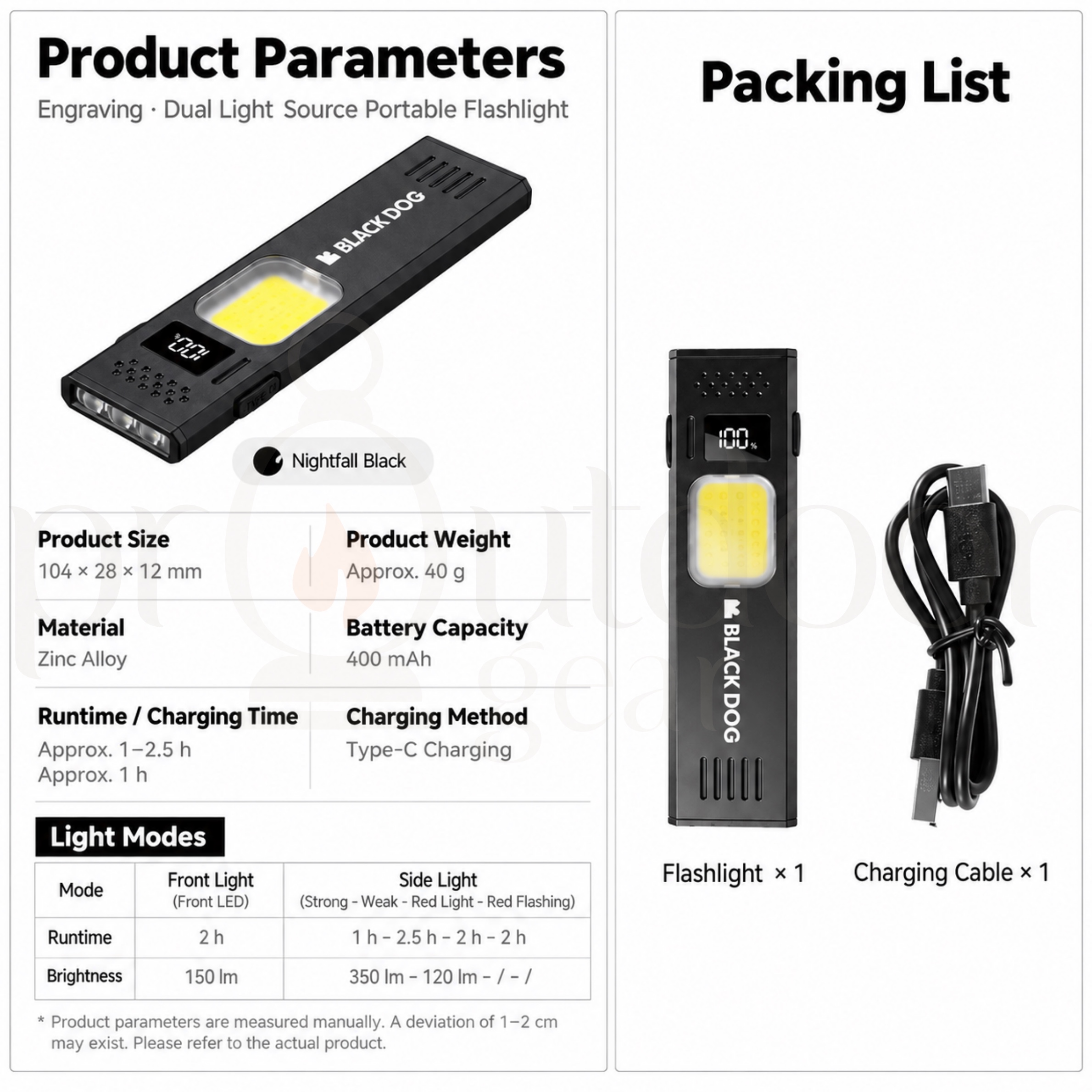 BLACKDOG CBD2650ZM014 Dual Light Source Portable Flashlight 350LM Magnetic Clip Mini Rechargeable Type-C LED Work Light