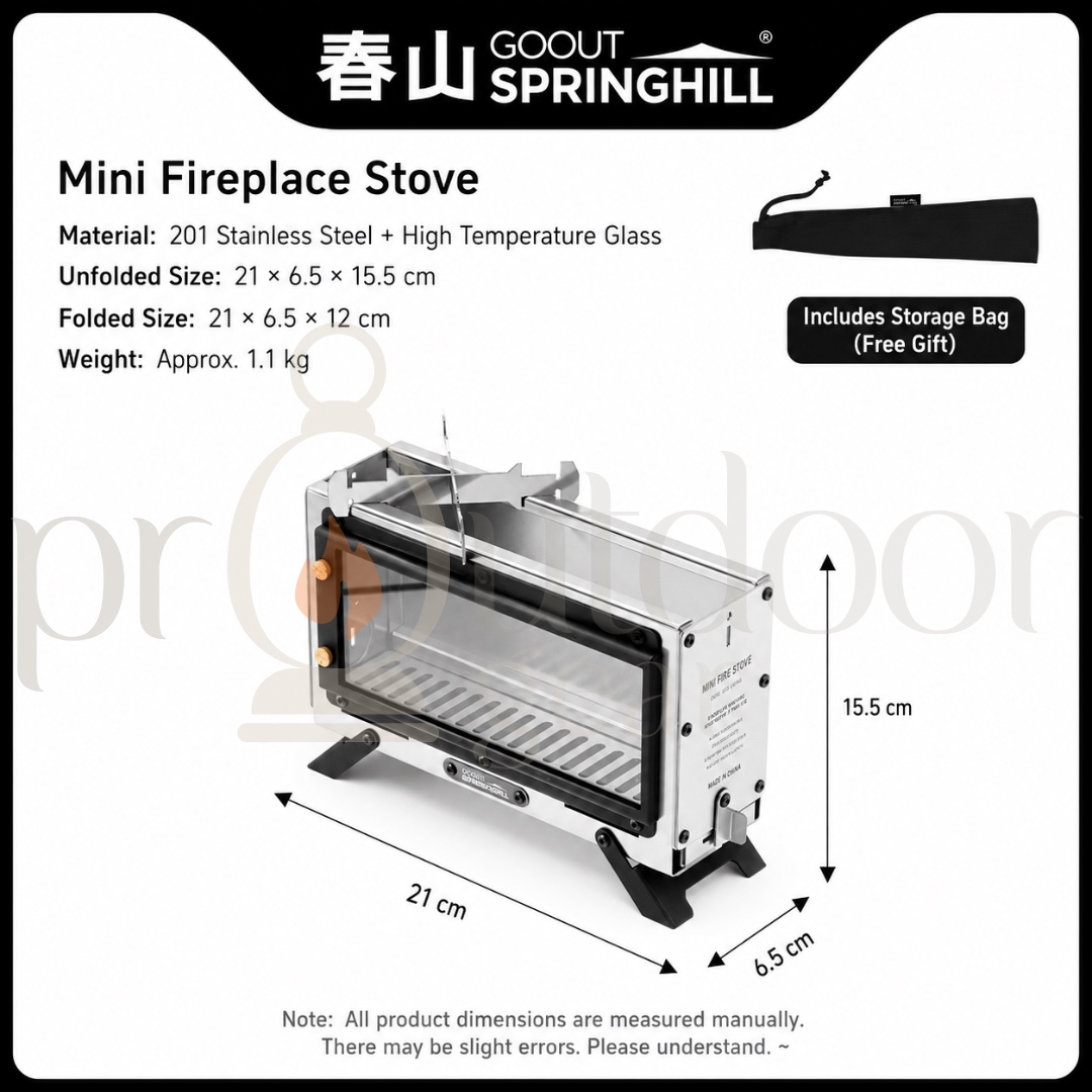 GOOUT Springhill Mini Fireplace Stove Portable Camping Wood Stove Stainless Steel Firebox Glass Window Outdoor Heater