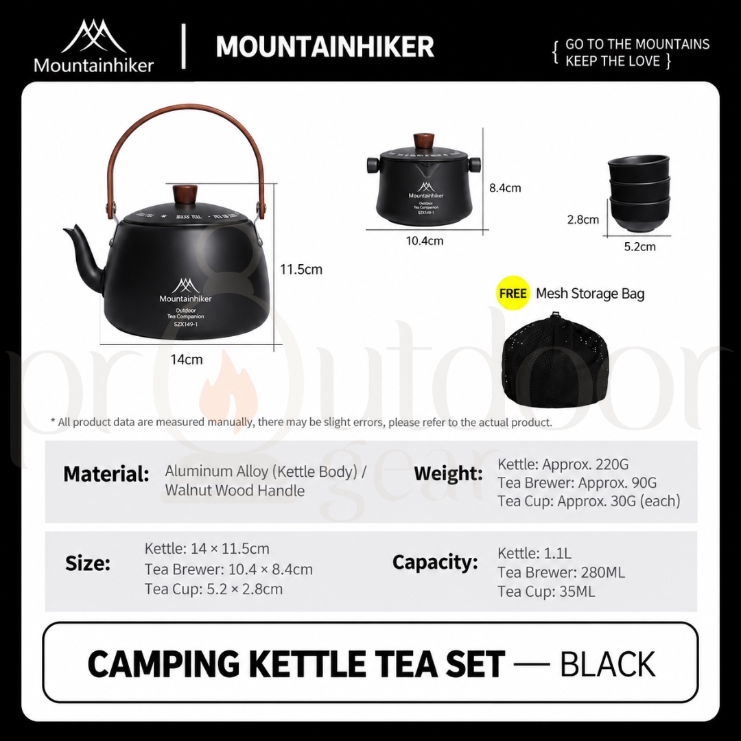 MOUNTAINHIKER SZK1418 Outdoor Camping 5-in-1 Tea Set 1.1L Aluminium Alloy Kettle Teapot 3 Tea Cups Portable Tea Set