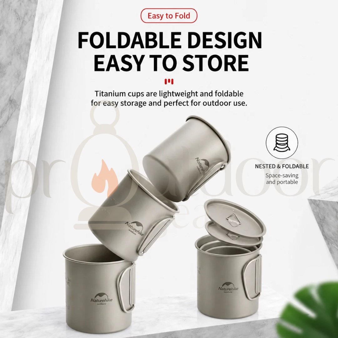 NATUREHIKE 20CJ Titanium Camping Cup & Bowl Ultralight Outdoor Mug Bowl with Lid Foldable Handle Backpacking Cookware