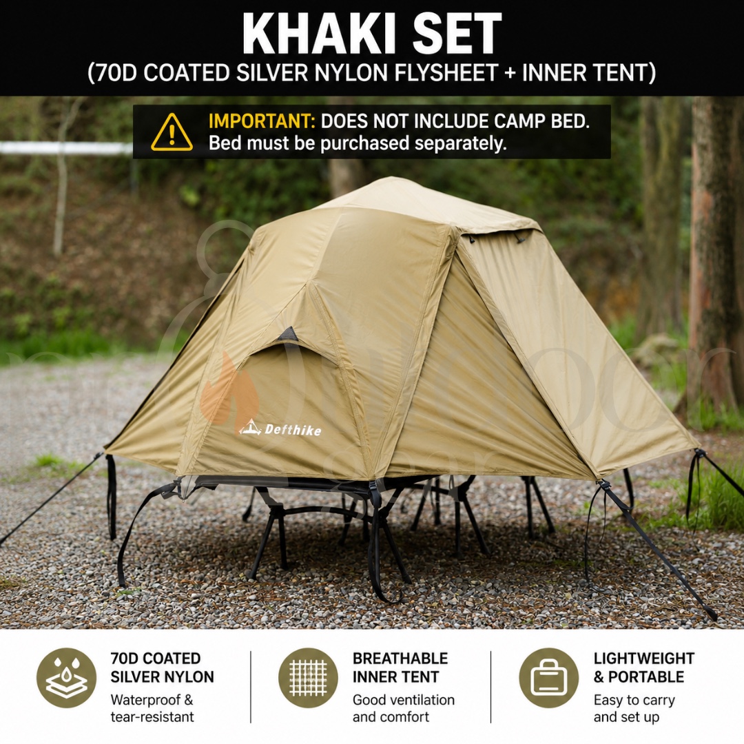 DEFTHIKE Camping Cot Tent Set 70D Silver Coated Nylon Flysheet + Inner Tent + Cot Outdoor Single Person Camping Shelter