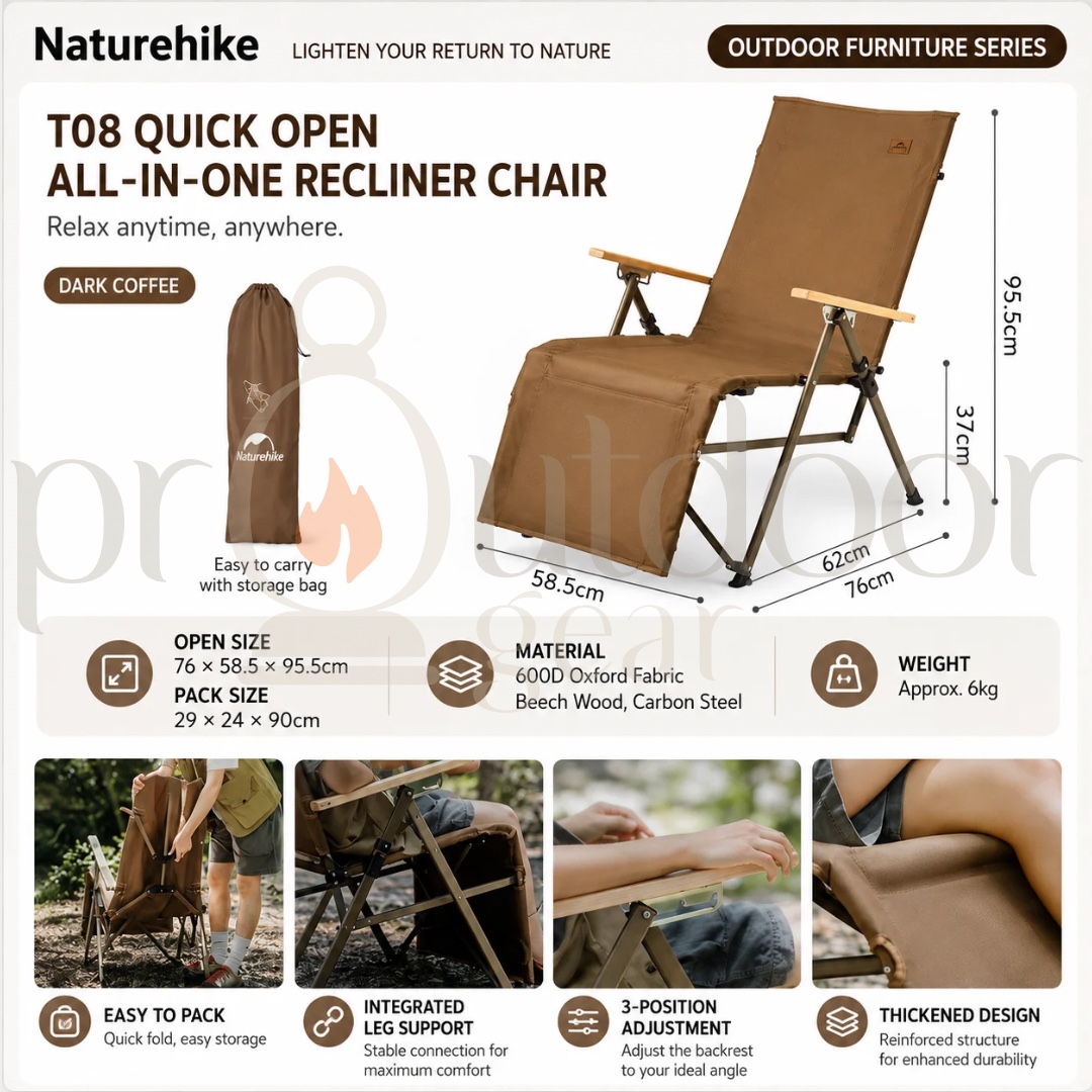 NATUREHIKE T08 Recliner Chair Integrated Quick Opening Folding Adjustable Recliner for Outdoor Fishing Picnic Portable