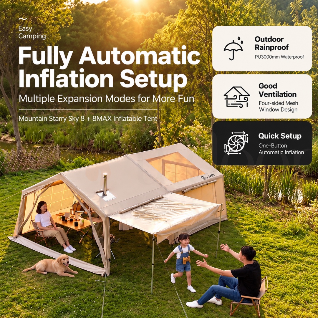 MOUNTAIN Starry Sky 8+8 Max Inflatable Camping Tent 6-8 Person Waterproof Family Glamping Tent with Awning & Manual Pump