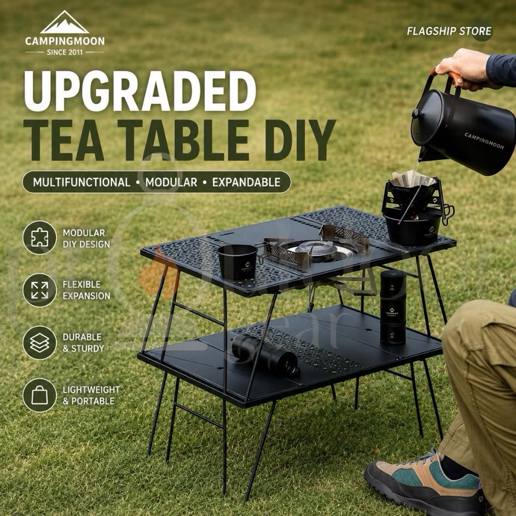 CAMPINGMOON CK-1G/CK-2G IGT Double Layer Modular Camping Table Bamboo Top Foldable Cooking Table BBQ Picnic Table