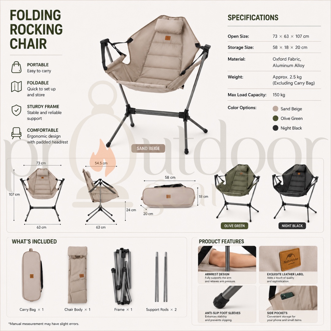 NATUREHIKE NH21JJ004 Outdoor Folding Rocking Chair Ultralight Portable Multi-angle Adjustable Camping Sling Chair