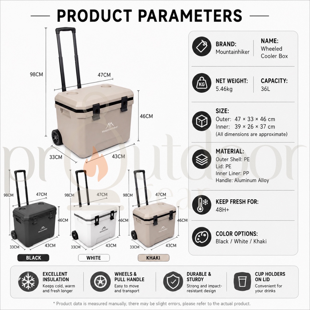 Mountainhiker 36L SZK872 Cooler Box with Rollers Portable Outdoor Food Storage Camping Fishing Ice Cooler