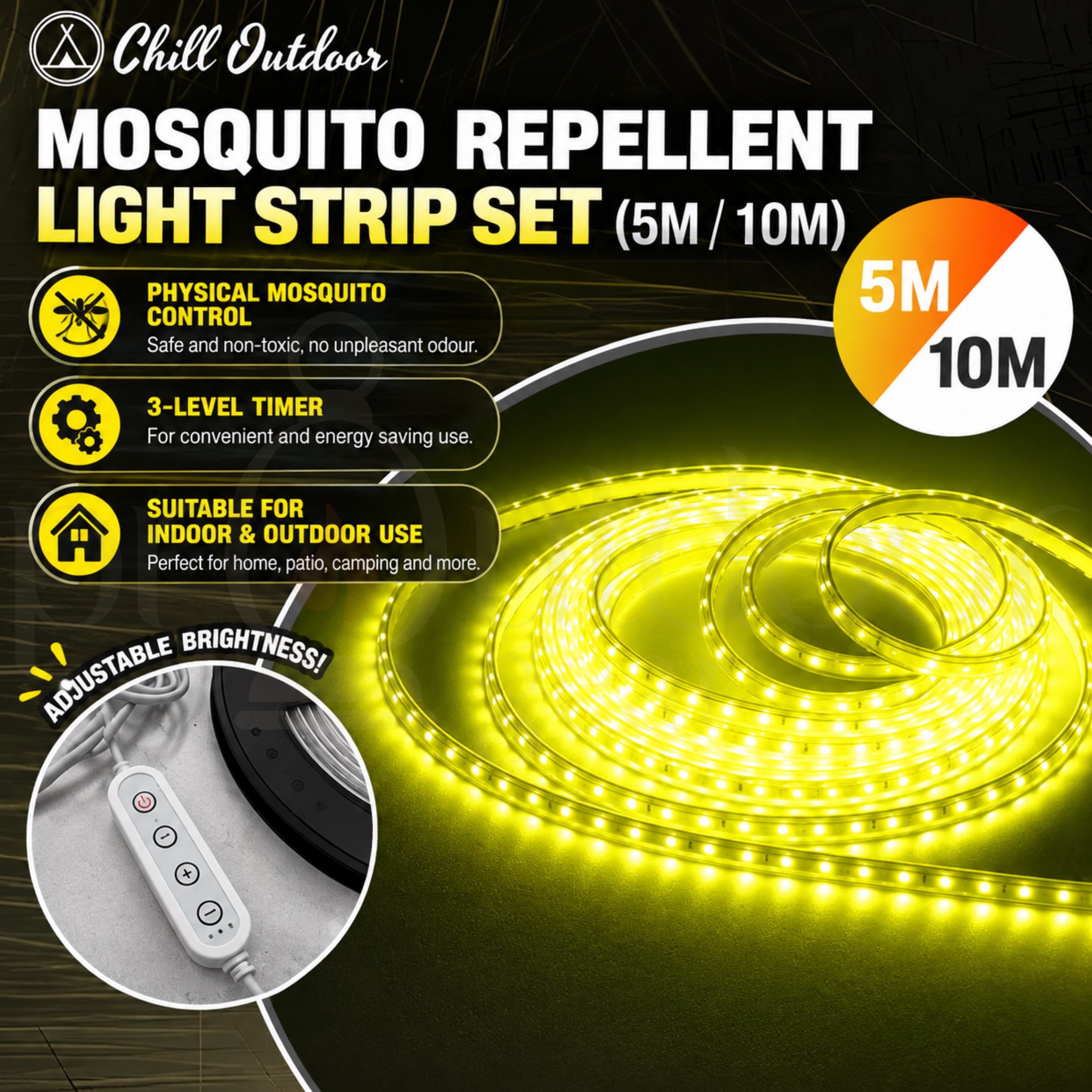 CHILL OUTDOOR Mosquito Repellent LED Light Strip 5M Adjustable Brightness 3-Level Timer Indoor Outdoor Camping Light