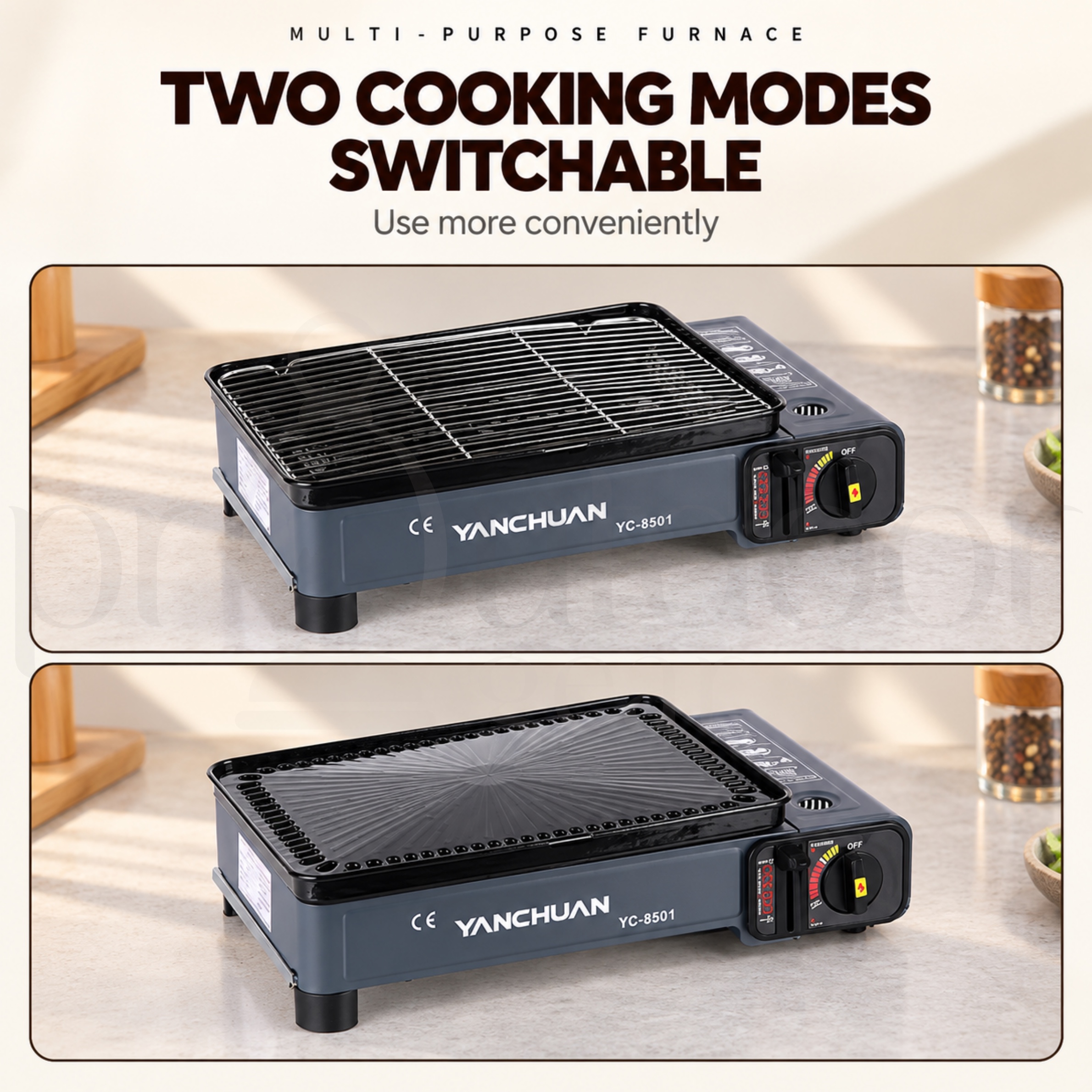 YANCHUAN YC-8501 Portable Gas BBQ Grill Stove 2.2KW 2-in-1 Camping Barbecue Grill & Griddle Outdoor Cooking Stove